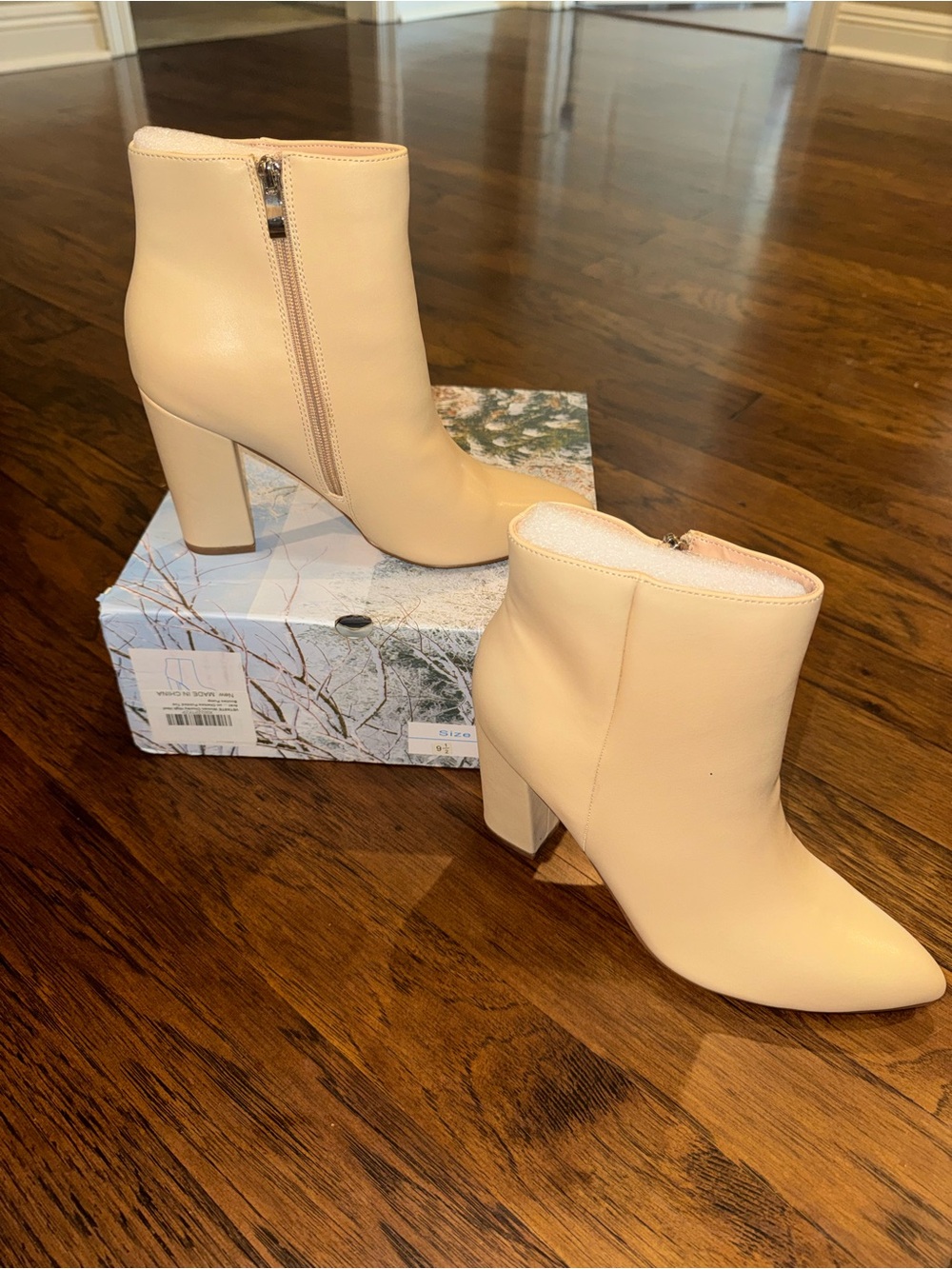 (Brand New) Cream Faux-Leather Ankle Booties with Block Heel